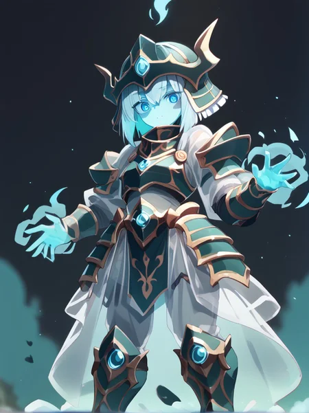 (expressive eyes), (Masterpiece), 1girl, (yonaga san artstyle), living armor, spirit, colored skin, see through body, oversized armor, helmet, magic, (score_9, score_8_up, score_7_up), <lora:V5.1_retrain:1.0>