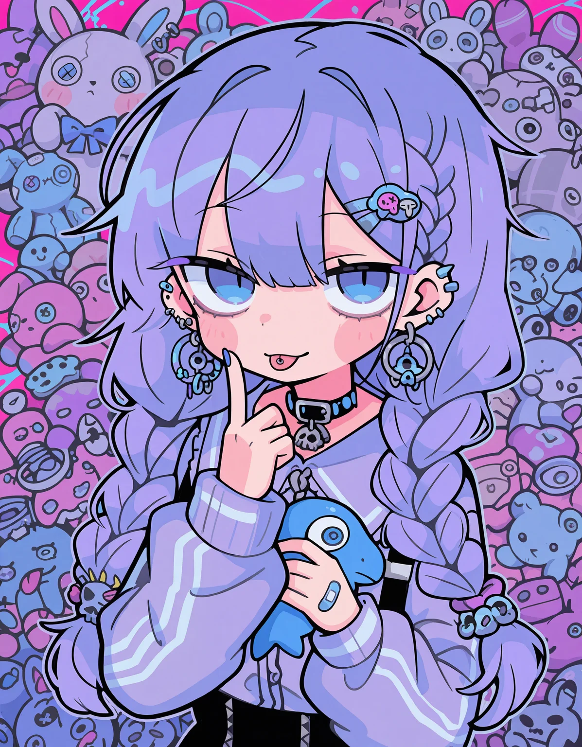 masterpiece, best quality, newest, highres, absurdres, <lora:terad4_style:1>, terad4_illu, 1girl, solo, piercing, purple hair, jewelry, blue eyes, braid, twin braids, bandaid, earrings, looking at viewer, tongue, long hair, ear piercing, hair ornament, tongue out, long sleeves, bangs, upper body,too many stuffed toy,abstract,