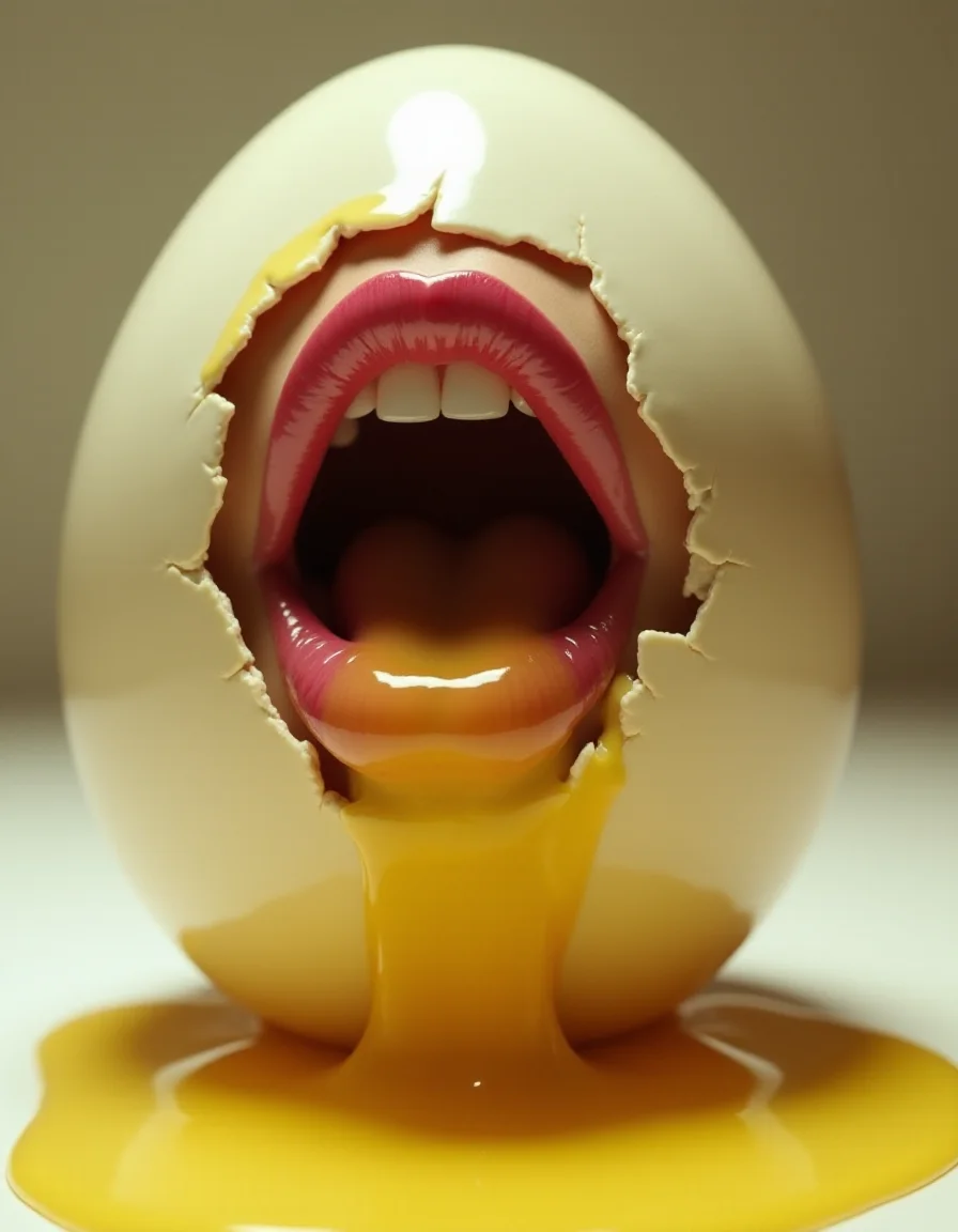 A large, glistening egg rests in soft, diffused light. From its cracked surface, a woman's lush, carmine lips emerge, dripping with viscous, golden oil that spills onto the floor below in a surreal, unsettling display. The image has an oppressive, slimy quality, with high contrast and hard shadows adding to the overall sense of discomfort and unease