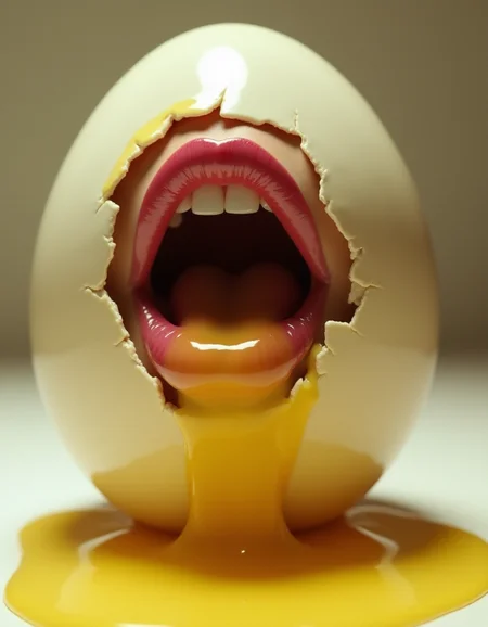 A large, glistening egg rests in soft, diffused light. From its cracked surface, a woman's lush, carmine lips emerge, dripping with viscous, golden oil that spills onto the floor below in a surreal, unsettling display. The image has an oppressive, slimy quality, with high contrast and hard shadows adding to the overall sense of discomfort and unease