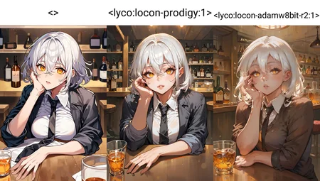 <> 1girl, alcohol, arm rest, arm support, bangs, bar \(place\), black jacket, black necktie, bottle, breasts, ceiling light, collared shirt, counter, cup, drinking glass, elbow rest, eyelashes, glass, hair between eyes, hand on own cheek, hand on own face, hand up, head rest, indoors, jacket, lips, looking at viewer, medium hair, necktie, pants, parted lips, shelf, shirt, sitting, sleeves rolled up, solo, stool, table, teeth, upper body, whiskey, white hair, white shirt, wing collar, yellow eyes
BREAK source_anime, score_9, score_8_up, score_7_up, score_6_up, score_5_up, score_4_up, very aesthetic, absurd res, (expert shading, flat colors), eye focus, (traditional media:0.6), official art,