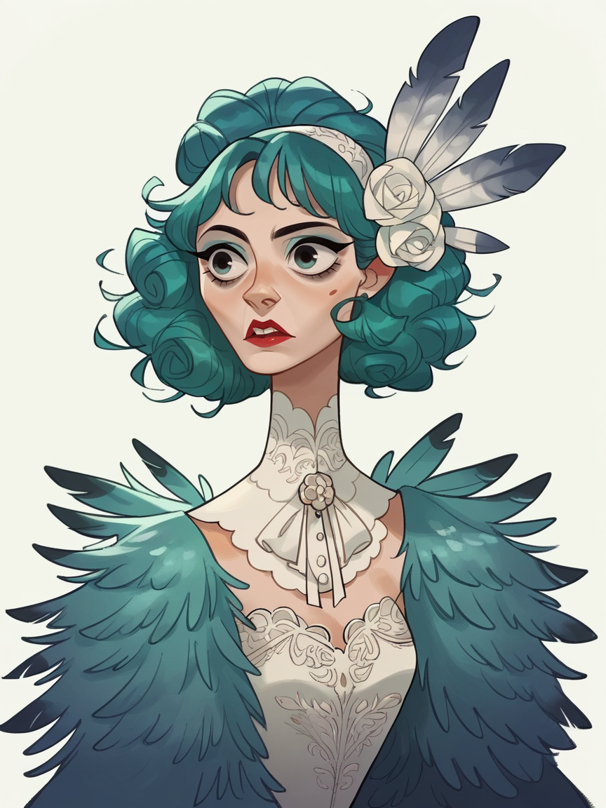 score_9, score_8_up, score_7_up, score_6_up, score_5_up, <lora:kangyannanXLP:0.8> kangyannan, white background, 1girl, peacock feathers, teal hair, dress