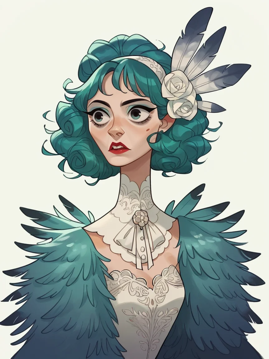 score_9, score_8_up, score_7_up, score_6_up, score_5_up, <lora:kangyannanXLP:0.8> kangyannan, white background, 1girl, peacock feathers, teal hair, dress