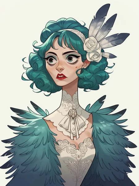 score_9, score_8_up, score_7_up, score_6_up, score_5_up, <lora:kangyannanXLP:0.8> kangyannan, white background, 1girl, peacock feathers, teal hair, dress
