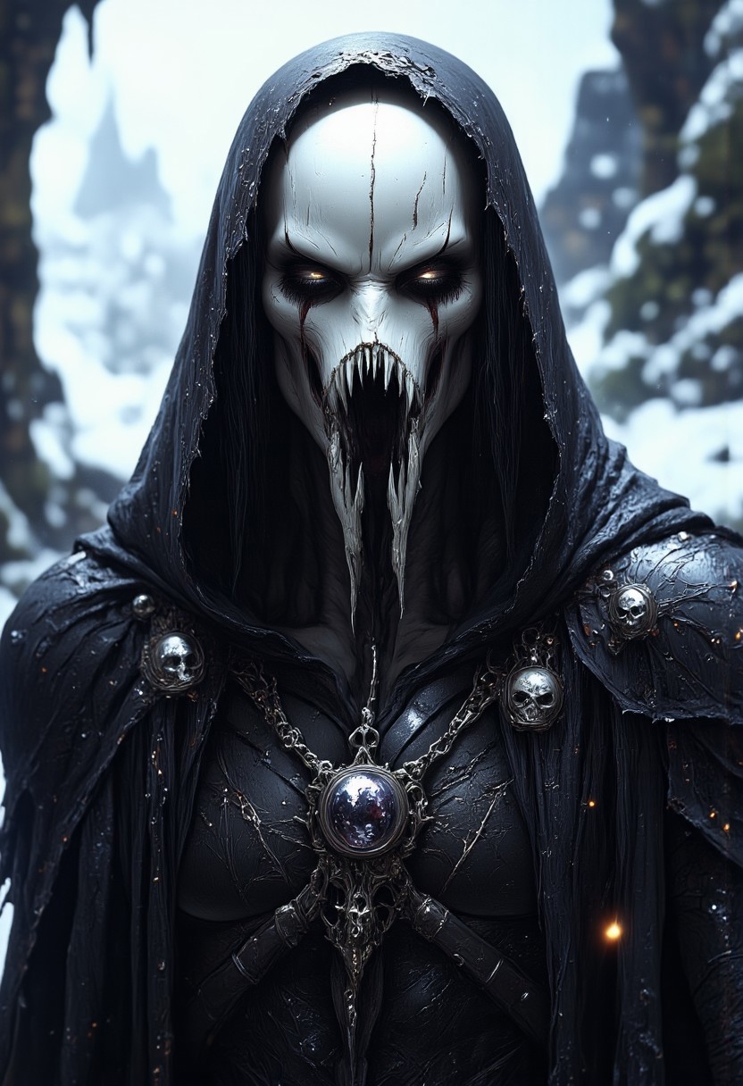 Image is a surreal and eerie portrait featuring a humanoid figure with a distinctive and unsettling appearance. The subject has a pale, elongated head with a pointed top, devoid of any facial features except for deep, hollow eye sockets and a vertical, jagged mouth that resembles a series of sharp, blackened teeth. The figure is draped in a dark, tattered cloak that contrasts starkly with the snowy, blurred background, enhancing the ominous and otherworldly atmosphere. The overall composition is minimalist, focusing on the stark and haunting presence of the figure against the desolate landscape.
 hyperdetailed photography, masterpiece, best quality, high quality, highres, ultra-detailed,best quality, 8K, high resolution, extreme detail, outstanding composition:1.4,,Masterpiece, 8k, HDR, best quality, photography, analog film, real life, extremely beautiful, highly detailed, intricately detailed, ray tracing, dramatic. professional photo 85mm lens for elegant body lines and fine skin detail with sharp subject,  <lora:FluxMythP0rtr4itStyle.safetensors:1.0>, mythp0rt <lora:DnDDarkestFantasy.safetensors:1.0>, ArsMJStyle, dnddarkestfantasy <lora:aidmaMJ6.1-FLUX-V0.1.safetensors:1.0>, midjourneyv6.1