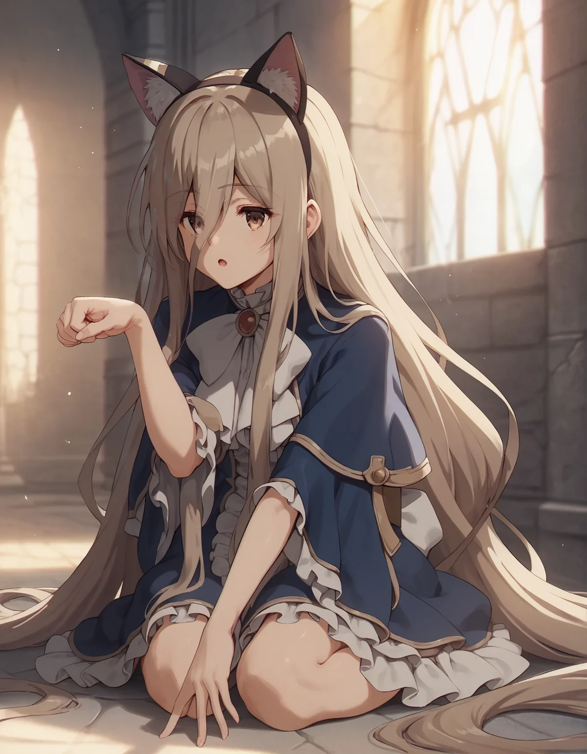 score_9, score_8_up, score_7_up,score_6_up,score_5_up,score_4_up,1girl girl on the floor, paw pose, open mouth, fake cat ears, castle, sunlight, window
<lora:butterchalk_style_pony6_v3:.9> <lora:sense_sousou no frieren_PONY_last:0.6> sense \(sousou no frieren\),brown eyes,very long hair,absurdly long hair,hair between eyes,eyes visible through hair, blue capelet,frilled dress,white long dress