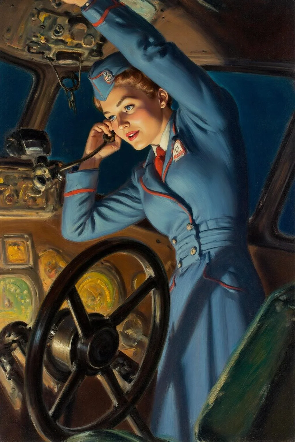 walterbaumhofer1 painting.
A woman dressed in a blue vintage stewardess uniform with red accents stands in the cockpit of an aircraft. She leans on the control panel, holding a communication device to her ear. Her arm is raised to keep her steady. The cockpit is filled with various instruments and controls, including dials, gauges, and a steering wheel.
<lora:walterbaumhofer1_cap_d8a4e12:1.0><lora:849106362074925715:0>