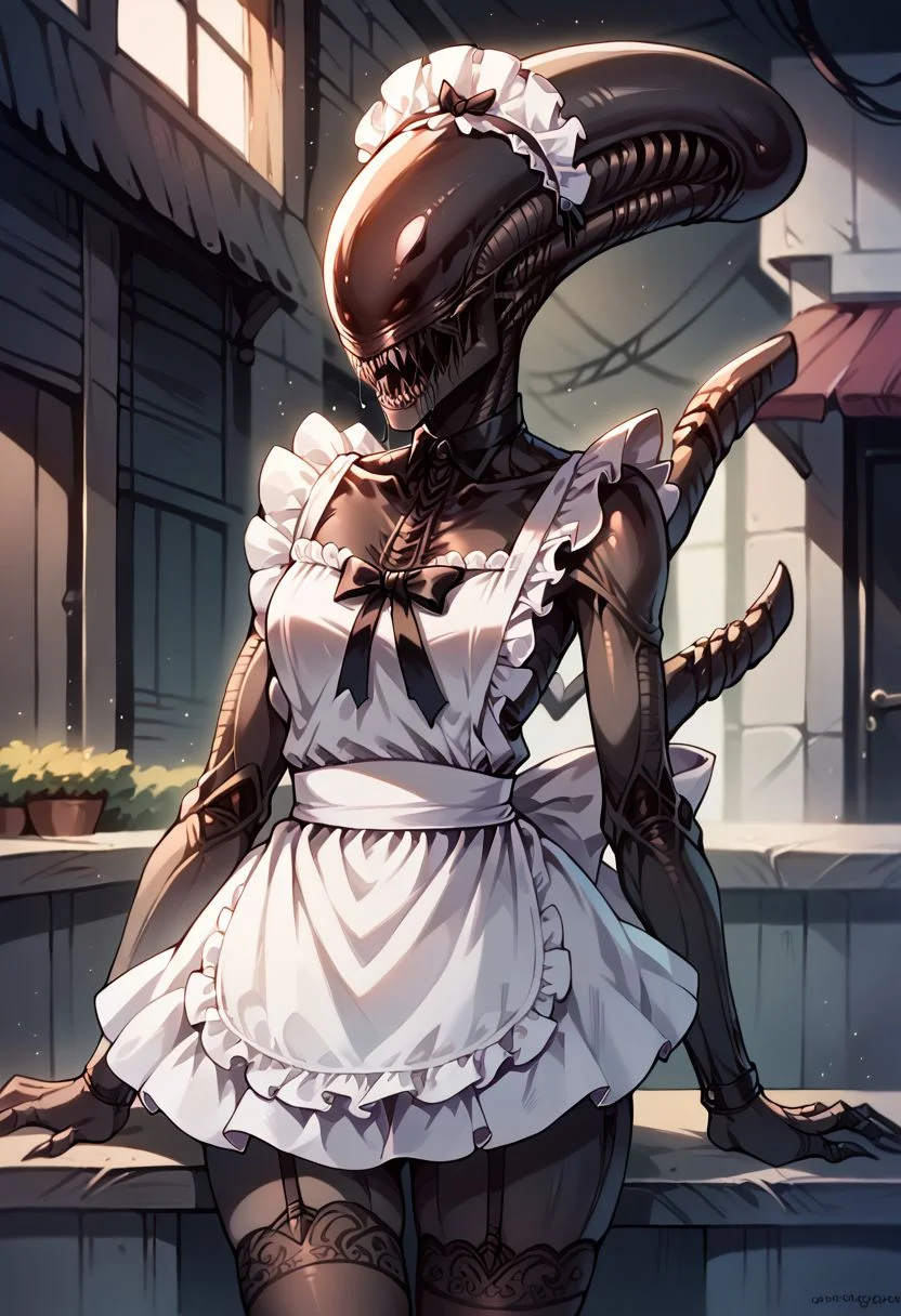 score_9, score_8_up, score_7_up, score_6_up, <lora:p3r3zXLP:0.9> p3r3z, solo, xenomorph, l4c3m4, thighhighs, apron, maid headdress,, sharp teeth, drooling, intricate_details_xl, faceless, eyeless, black glossy skin,