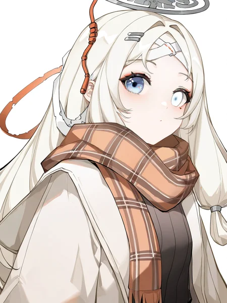 1girl,hair ornament,hengsha,heterochromia,looking at viewer,solo,simple background,white background,looking_at_viewer,standing,,winter_clothes,sweater,plaid_scarf,scarf,upper body, <lora:hengsha-000012:0.8>, masterpiece, best quality, very aesthetic, absurdres