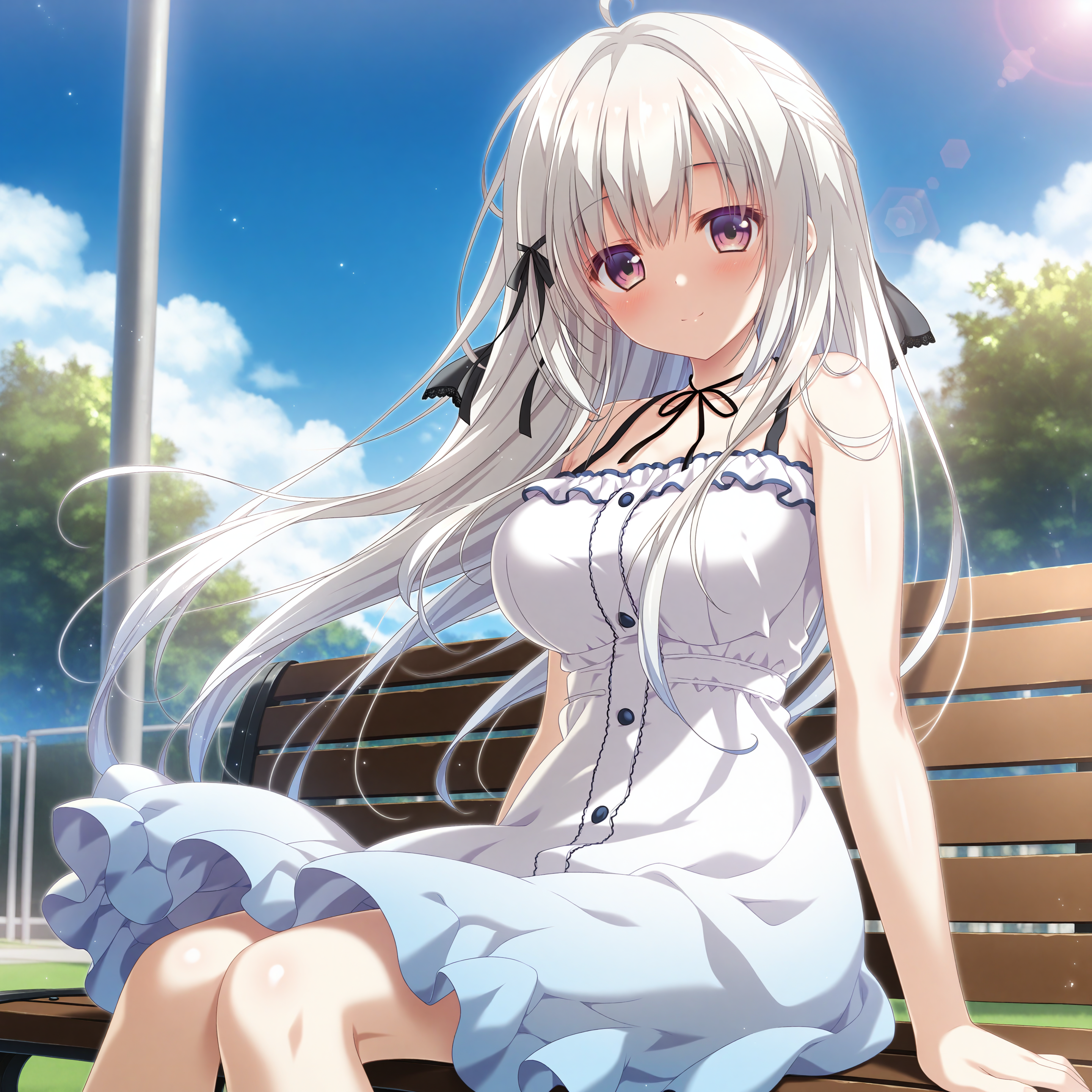 <lora:Mihama_Inori_1_nai-000043:1>,Mihama Inori,white hair,
hair ribbon,black ribbon,hair bow,black bow,white dress,sundress,bare shoulders,sleeveless dress,frilled dress,neck ribbon,frills,black straps,gradient dress,
BREAK
1girl,solo,smile,sitting,on bench,wind,floating hair,school,day,blue sky,arms at sides,looking at viewer,depth of field,lens_flare,