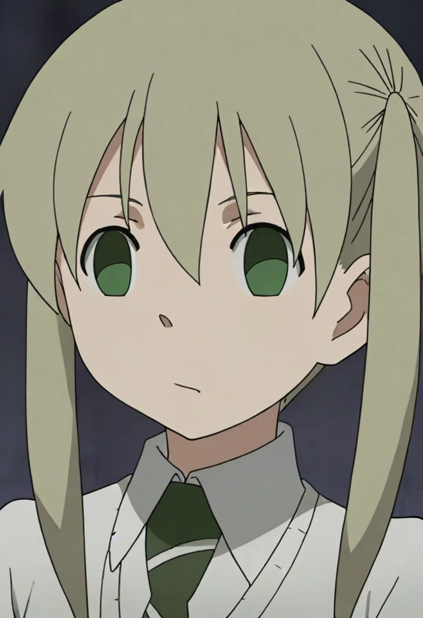 maka albarn, green eyes, blonde hair, twintails, green necktie, striped necktie, white shirt, long sleeves,