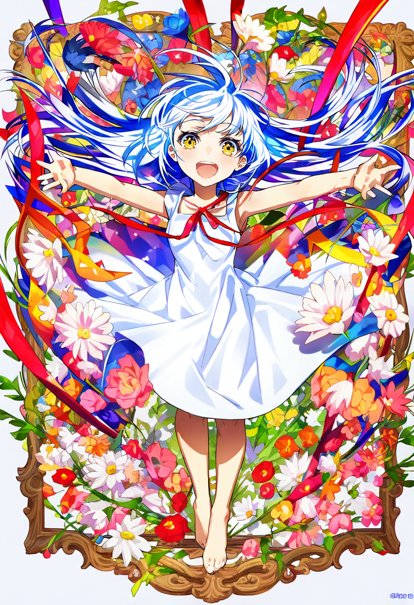 1girl, long hair, flower, dress, solo, smile, open mouth, white dress, barefoot, blue hair, ribbon, sleeveless, white flower, sleeveless dress, :d, outstretched arms, red ribbon, looking at viewer, teeth, bangs, red flower, colorful, picture frame, upper teeth only, bare arms, yellow eyes, floating hair, neck ribbon <lora:mikaXL_NBVP1_lokr_V6311PZ:0.95>