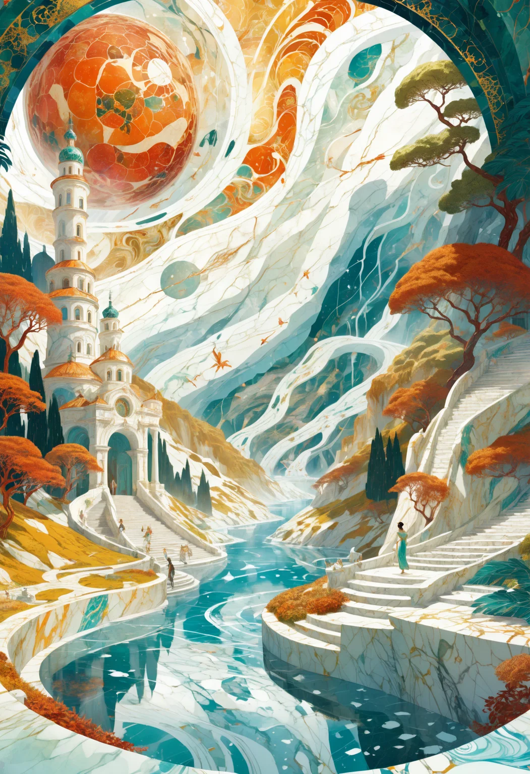 <lora:MarbleStyle:1>, Jed-mrbl, designed by Victo Ngai, landscape of a Alluring (Sandopolis Zone:1.2) from inside of a Krakow, Stylish space and Alpha Centauri in background, Fantasy art, intricate details, vibrant colors, beautiful detailed, radiant, beautiful, romantic, professional creative
