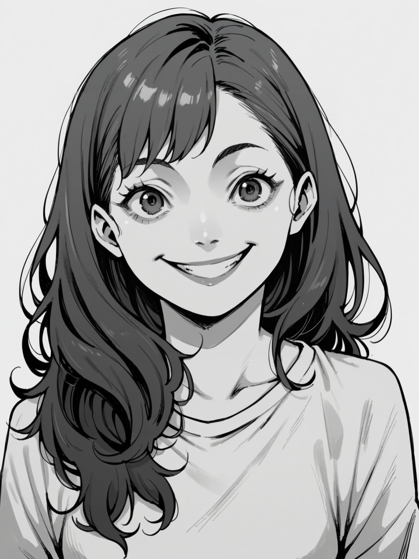 score_9, score_8_up, score_7_up, score_6_up,  <lora:junj11t0XLP:1> junj11t0, junji ito, monochrome, manga, 1girl, smile