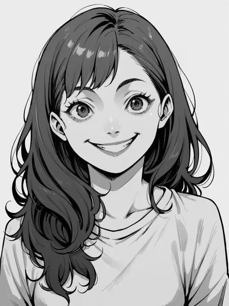 score_9, score_8_up, score_7_up, score_6_up, <lora:junj11t0XLP:1> junj11t0, junji ito, monochrome, manga, 1girl, smile
