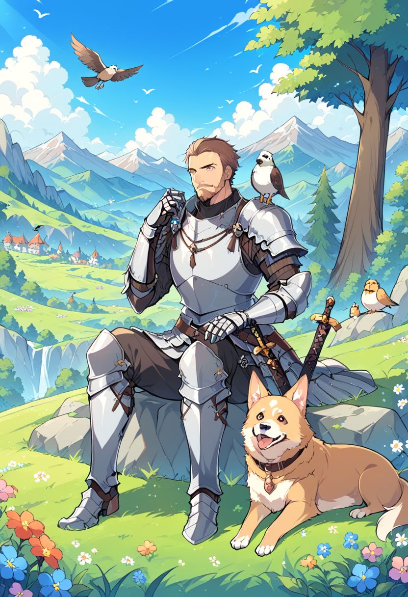 solo, 1boy, sitting, weapon, flower, male focus, outdoors, sky, day, sword, cloud, armor, tree, facial hair, bird, animal, grass, gauntlets, nature, dog, mountain, greaves