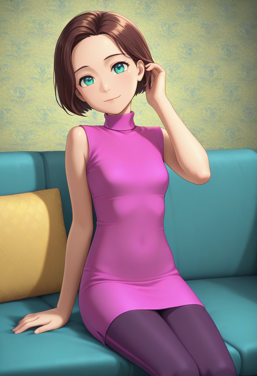 Graphic Design, color art, vibrant colors, colorful, intricate details, high contrast, detailed background, beautiful detailed, beautiful face, detailed eyes, detailed face, new, 1girl, solo, lyub0v, short hair, brown hair, aqua eyes, pink sleeveless turtleneck, leggings, sitting, sofa, room, looking at viewer, light smile, cowboy shot, adjusting hair, head tilt, from side, (masterpiece, best quality, newest, recent, absurdres),