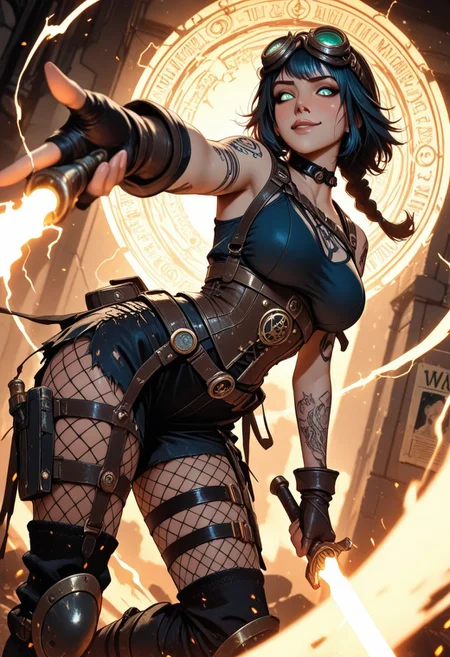 highres, very detailed, amazing quality, masterpiece, very aesthetic, glitter, particle effect, 1girl, solo, beautiful eyes, tan skin, double braided ponytail, tattoo, arm tattoos, neck tattoos, chest tattoos, skimpy top, body strap harness, fishnets under clothing, asymmetrical clothing, asymmetrical, large breasts, choker, seducing, seductive, flirty, tender, loving, playful,
steampunk combat mage, tactical gear fused with arcane design, glowing brass fittings, enchanted utility belts, belts with vials of glowing liquid, arcane badge on hip, goggles pushed up on head, armored fingerless gloves, corset-integrated spell amplifier, glowing circuitry tattoos, magical police emblem, asymmetrical clothing,
charging a spell in one hand, glowing spellblade, magical dagger, arcane energy weapon, blade crackling with magic, enchanted blade, spell channeling through weapon, glowing runes etched into blade, electricity and flame swirling violently, intense smirk, eyes glowing with arcane authority, foreshortening on outstretched arm casting forward, spell circle forming at viewer POV, smoke and debris rising around her boots,
ruined steampunk city, flickering streetlamps, shattered clockwork constructs around her feet, runes glowing on walls, wanted posters fluttering in spellshock wind, embers drifting in the air, dramatic orange/blue contrast lighting,
angle from below, cinematic lighting, dramatic depth of field, sparks and ash particles in foreground for motion blur