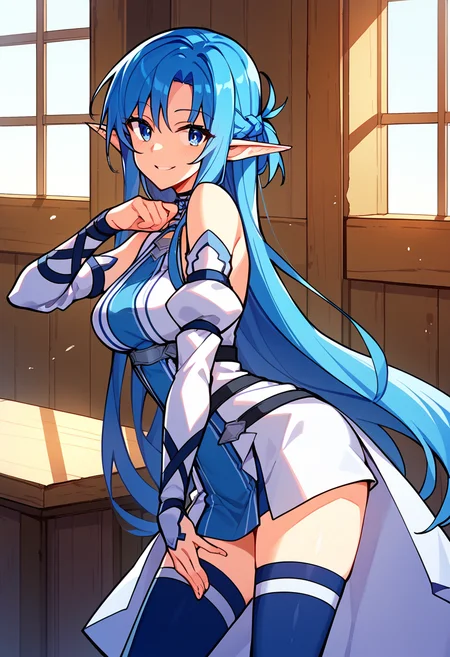 Score_9, score_8_up, score_7_up, score_6_up, scre_5_up, source_anime, BREAK, AALO, 1girl, blue thighhighs, pointy ears, blue eyes, blue hair, looking at viewer, elf, smile, zettai ryouiki, medium breasts, detached sleeves, white dress, blue theme, short dress, standing, <lora:AsunaAIO-XL-V3:1>