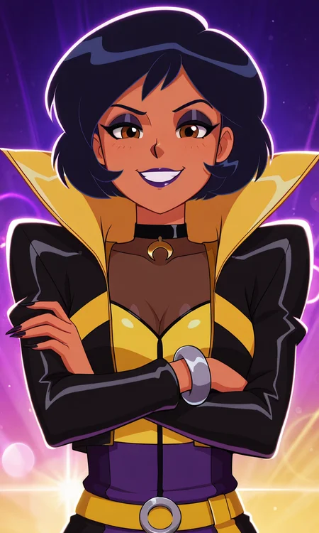 masterpiece, best quality, good quality, 1woman, solo, cartoon, totally_spies_2k24, alex, black hair, brown eyes, dark-skinned female, make-up, dark-purple lipstick, dark eyeshadow, yellow and black jacket, yellow coat, high collar, black choker, bracelet, dark-purple fingernails, very long nails, sexy, medium breasts, cleavage, beautiful, detailed, high detailed, very beautiful, detailed face, detailed eyes, detailed hand, fingernails, abstract background, neon, crossed arms, smile, smug, grin, (close-up), face focus