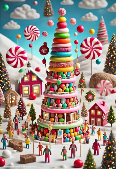CHRC4ND7, Candy Christmas town, candy elves, candy animals, candy snow, <lora:mrpcanrnet2:1> style of paint of mrp, mrph of a carnet mrpcanrnet2 with mrpdamier on (mrpvp), covered of mrpv, cyberpunk sign that reads:("SWEET CHRISTMAS")