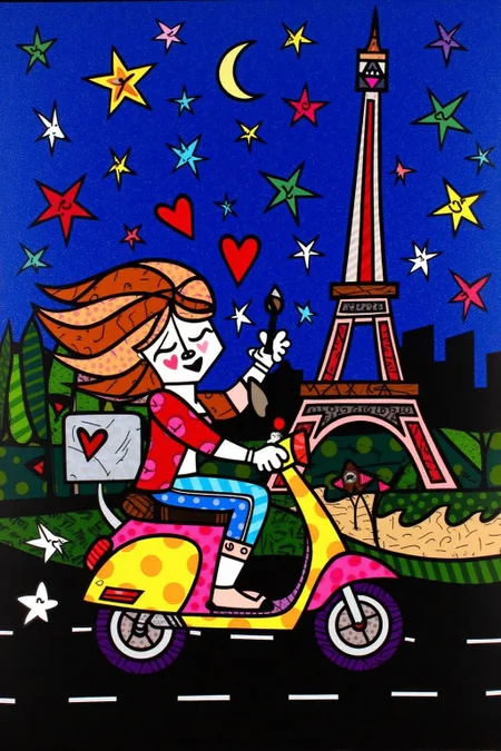 romeb1 illustration.
a woman riding a colorful scooter in a starry night. In the background we see the Eiffel Tower and a cityscape. <lora:romeb1_cap_d6a3e12:1.0><lora:829127738670609438:0>