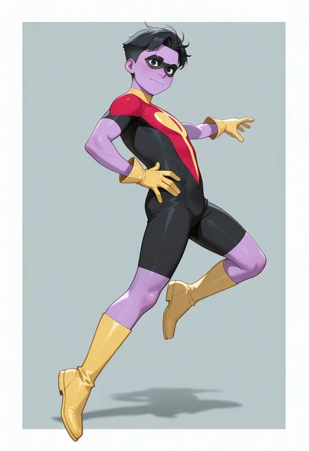 1boy, male focus, cute boy, rOliver_Grayson, Purple Skin, Colored Skin, Black Hair, Black Eyes, Domino Mask, Superhero Costume, Yellow Gloves, Yellow Boots, levitating, hand on hip, side view, simple background, graphic border, cinematic, intricately detailed illustration, depth of field, masterpiece, best quality, amazing quality, very aesthetic, absurdres, newest, very awa, shadow, dynamic angle, casual cosplay, dynamic pose, action pose