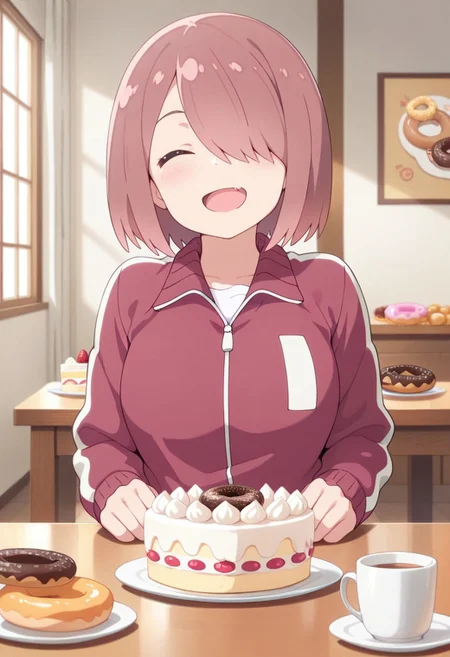 masterpiece,best quality,amazing quality, hoshino miyako, short hair, brown hair, food, 1girl, closed eyes, cake, hair over one eye, solo, cup, jacket, open mouth, doughnut, table, smile, track jacket, indoors