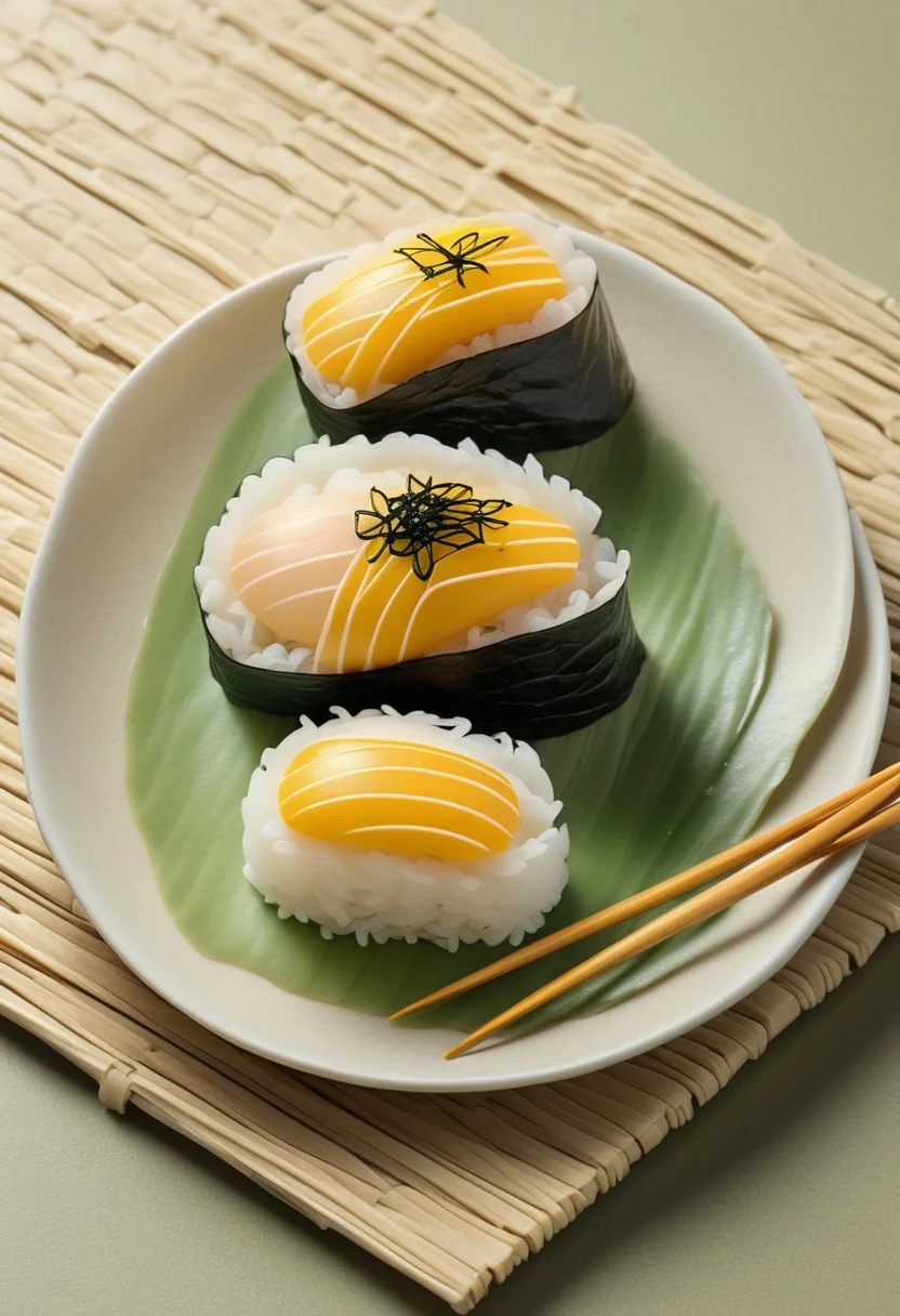 Delicate Presentation of Tamago (Sweet Egg) Nigiri, Soft Golden Layers Stacked on a Perfect Rice Ball, Tied with a Fine Strip of Nori, Set Against a Simple Ceramic Background with Minimalist Wasabi and Pickled Ginger Accents, Highlighting the Lightness and Subtlety of Traditional Japanese Egg Sushi