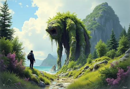 Beauty, realism, cinematography, chiaroscuro, rays of light, play of shadow and light, cinematic quality, Cinematic style.
(A color ink sketch by Moebius, Katsuya Terada, Jeffrey Catherine Jones), a wanderer meeting an ancient giant rock automaton with foliage growing all over her body, female Titan monster like a hunched over crone, lumbering, bent over, crooked back, hulking shoulders. like a living hill, towering, view from below, an angle that enhances the feeling of seeing something truly awesome and ancient, a landscape of forested hills, cloudy sky