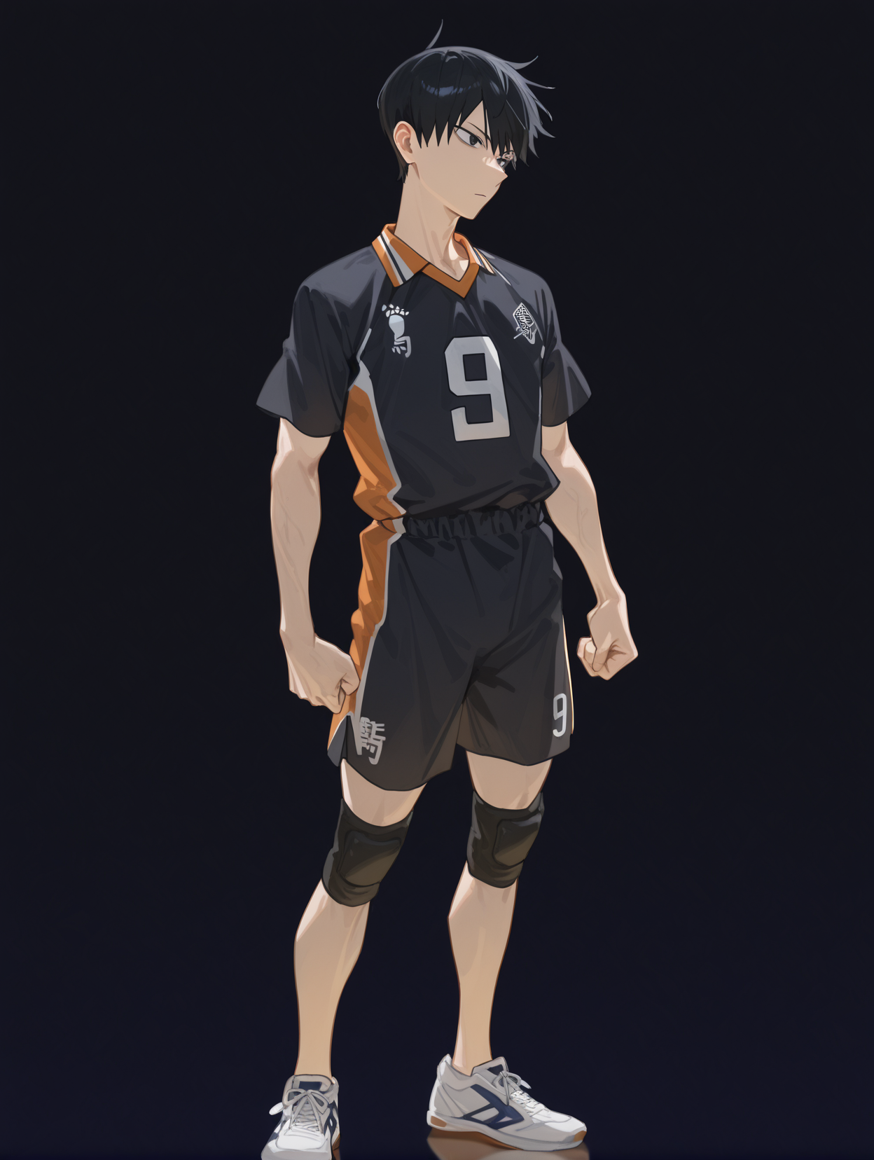 perfect quality,high quality,masterpiece,best quality,amazing quality,very aesthetic,absurdres,newest,
front view,full_shot,Anguish,
KageyamaTobioCYQL,<lora:KageyamaTobioCYQL:1>,1boy,male focus,solo,black hair,black eyes,volleyball uniform,sportswear,short sleeves,knee pads,shirt,shorts,black shorts,sneakers,shoes,
full body,standing,finger_gun,,
darkblue background,simple background,
<lora:ponyv4_noob1_2_adamW:0.6>,<lora:spo_sdxl_10ep_4k-data_lora_webui:0.6>,<lora:USNR STYLE_XL_loha:0.45>,<lora:HG2512 by CYQL:0.9>,HG2512,usnr,,