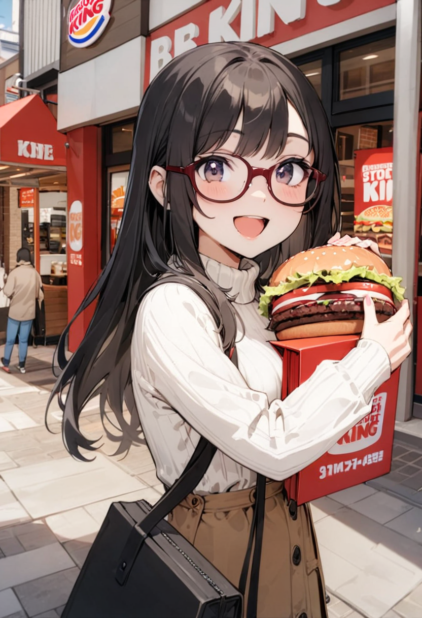 masterpiece, best quality, very aesthetic, absurdres, 
1girl, solo, glasses, black hair, long hair, white ribbed sweater, happy, smile, looking at viewer, open mouth, solo focus,
burgerking, scenery, storefront, food, shop, burger, outdoors, sign, road, street, building,
 <lora:burgerking_SDXL_V1:0.8>