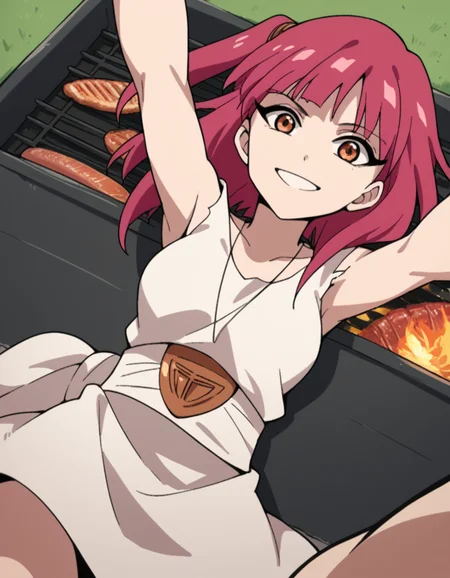 score_9, score_8_up, score_7_up, source_anime, <lora:magi-morgiana-s1-ponyxl-lora-nochekaiser:1>, morgiana, orange eyes, red hair, one side up, medium breasts,, dress, sleeveless dress, collarbone, necklace, torn clothes, torn dress,, backyard, barbecue, grilling, laughter, summer evening, smile, on back, arm support, arms up, incoming hug, pov, reaching, reaching towards viewer,, looking at viewer, solo,, dutch angle, cowboy shot