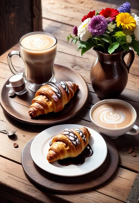a delicious chocolate croissant, on a saucer, accompanied by a cappuccino, a freshly squeezed juice, served on a rustic wooden table, wonderful, tasty,background of a rustic wooden table,vase of flowers,art