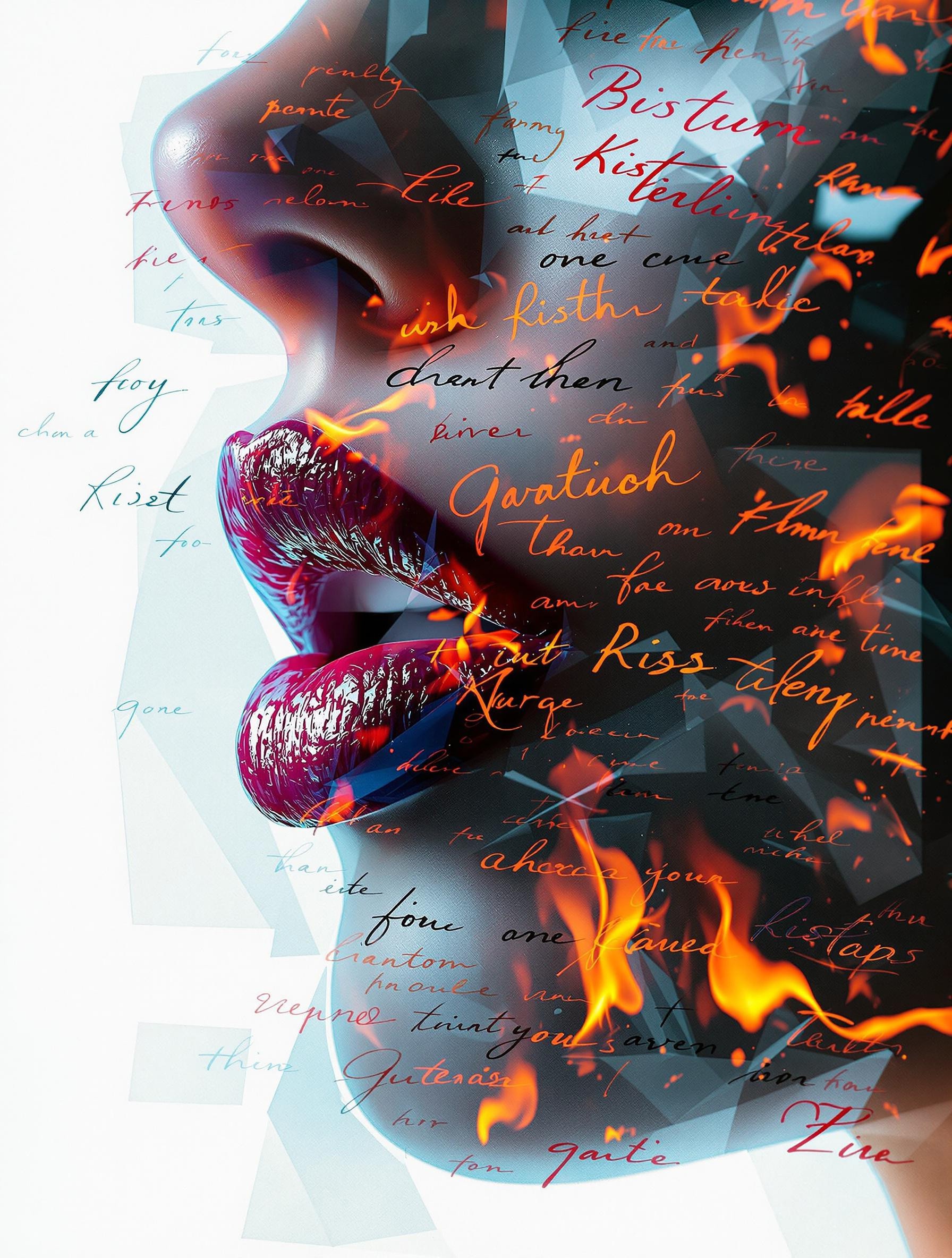 double exposure, transparent piece of paper with calligraphically beautiful handwriting and imprint of lips, flame, intricate details, hyper-detailed, colorful, chiaroscuro lighting