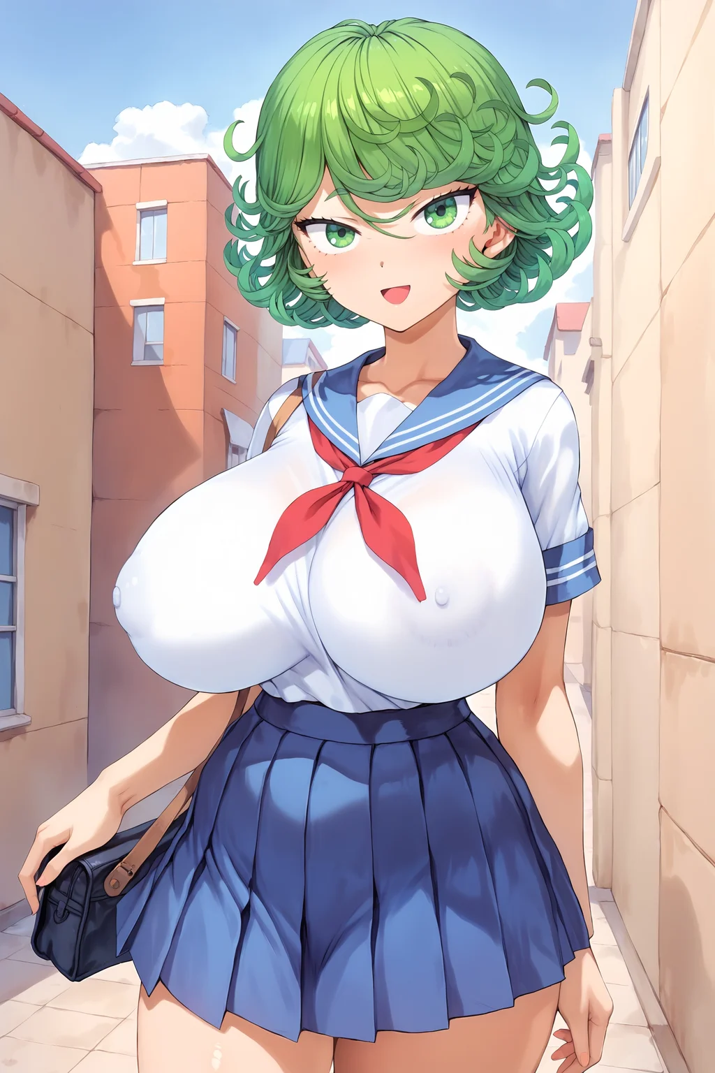 score_9, score_7_up,
BREAK
solo, 1girl, looking at viewer, (open mouth:0.7), smile,
<lora:tatsumaki-like-wife:1>, t4tsumaki-like-w1fe, large breasts,
school uniform, serafuku, white shirt, short sleeves, neckerchief, red neckerchief, pleated skirt, blue skirt,
school, outdoors
