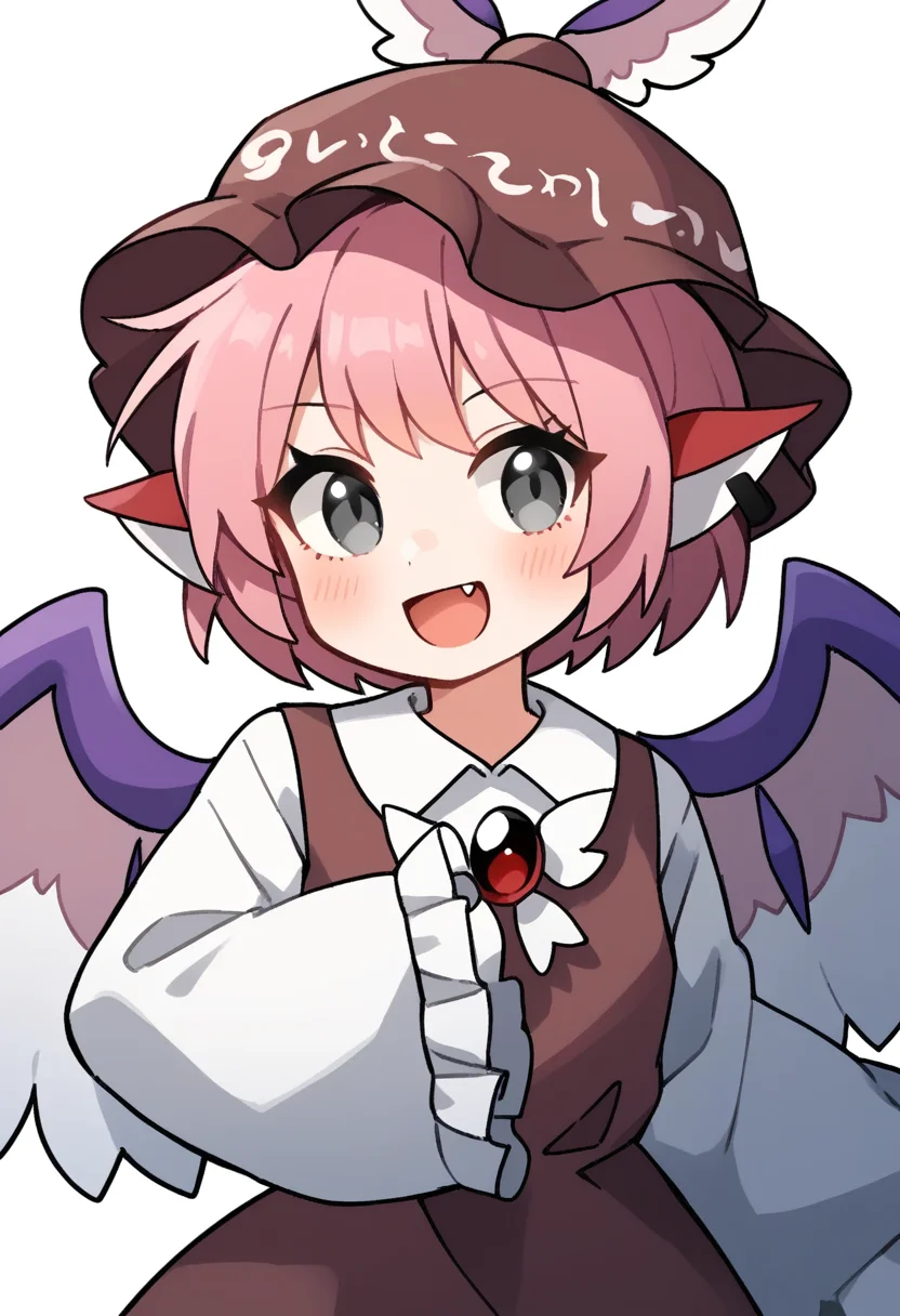 score_9,score_8_up,score_7_up,<lora:touhou_146:1>,, 1girl, animal_ears, bird_ears, bird_wings, blush, brown_dress, brown_hat, collared_shirt, dress, earrings, fang, frilled_sleeves, frills, grey_eyes, hat, jewelry, mystia_lorelei, open_mouth, pink_hair, shirt, short_hair, single_earring, skin_fang, sleeves_past_fingers, sleeves_past_wrists, smile, solo, upper_body, white_shirt, white_wings, wide_sleeves, winged_hat, wings