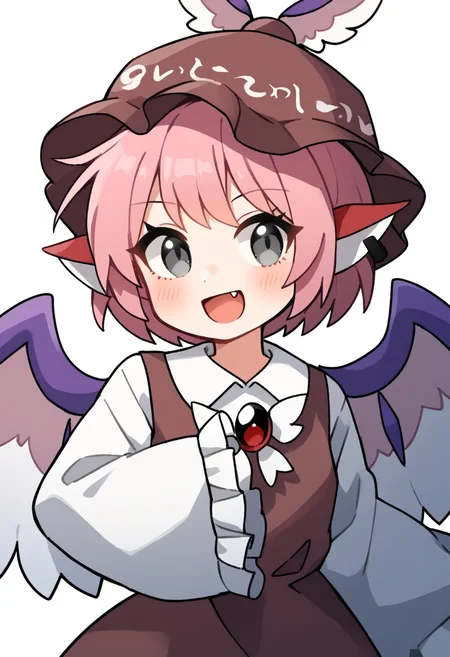 score_9,score_8_up,score_7_up,<lora:touhou_146:1>,, 1girl, animal_ears, bird_ears, bird_wings, blush, brown_dress, brown_hat, collared_shirt, dress, earrings, fang, frilled_sleeves, frills, grey_eyes, hat, jewelry, mystia_lorelei, open_mouth, pink_hair, shirt, short_hair, single_earring, skin_fang, sleeves_past_fingers, sleeves_past_wrists, smile, solo, upper_body, white_shirt, white_wings, wide_sleeves, winged_hat, wings