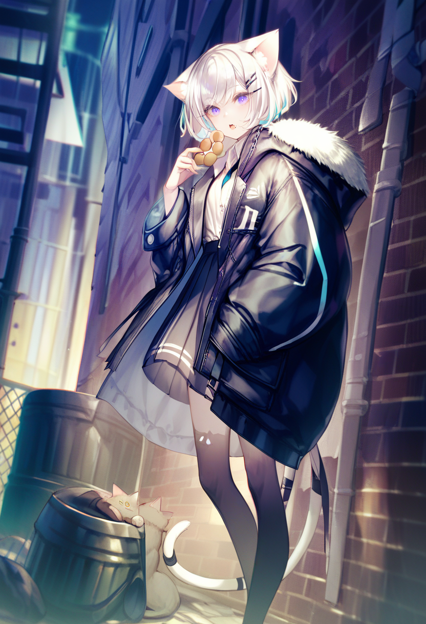 score_9, score_8_up, score_7_up, score_6_up, <lora:yoggiXL_P6_lokr_V43P1:0.95>   1girl, cat, animal ears, food, chain-link fence, outdoors, solo, tail, fence, white hair, jacket, holding food, holding, skirt, hair ornament, fur trim, blue eyes, doughnut, hairclip, cat tail, shirt, cat ears, long sleeves, open clothes, pleated skirt, trash can, hood, alley, white shirt, eating, night, puffy long sleeves, hooded jacket, collared shirt, cat girl, bag, black jacket, fur-trimmed hood, black cat, building, looking at viewer, standing, hood down, feet out of frame, open jacket, open mouth, pantyhose, hand in pocket, necktie, brick wall, animal, animal ear fluff, blurry, thighhighs, puffy sleeves, coat, purple eyes, fur-trimmed jacket, long hair, fur-trimmed coat, city, multicolored hair, graffiti, black skirt