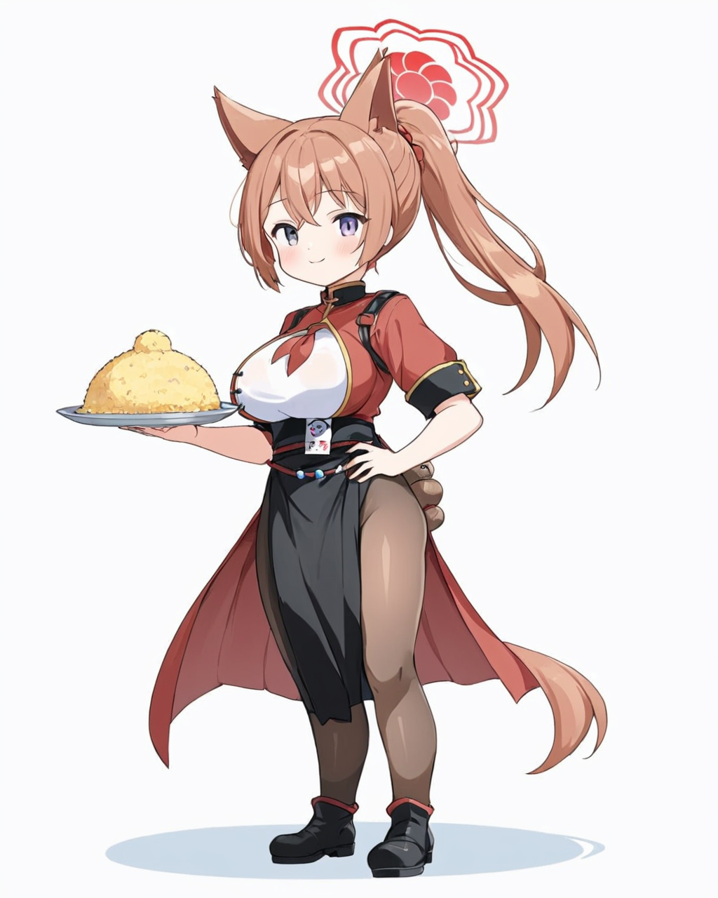 rumi \(blue archive\),1girl, solo, one_eye_closed, hand_on_hip, full_body, smile, black_footwear, shirt, food, halo, simple_background, blush, looking_at_viewer, white_background, standing, brown_pantyhose, chibi, holding_plate, ponytail, large_breasts, short_sleeves, rice, medium_breasts, black_skirt, apron, parted_lips, shadow, black_pantyhose, boots
<lora:rumi_(blue_archive)_image362_2023-11-28:1>halo. gorgeous,key visual, vibrant, studio anime,award-winning, professional, highly detailed,high budget, cinemascope