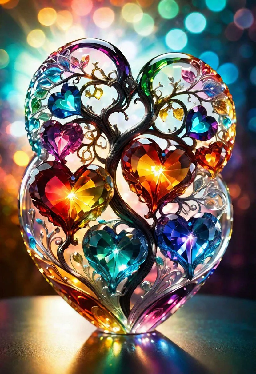 macro photo, sparkling magical fantasy Magical hearts, made out of transparent multicolored glass, light shines through, magical artifact, very detailed, amazing quality, intricate, cinematic light, highly detail, beautiful, surreal, dramatic, warm colors