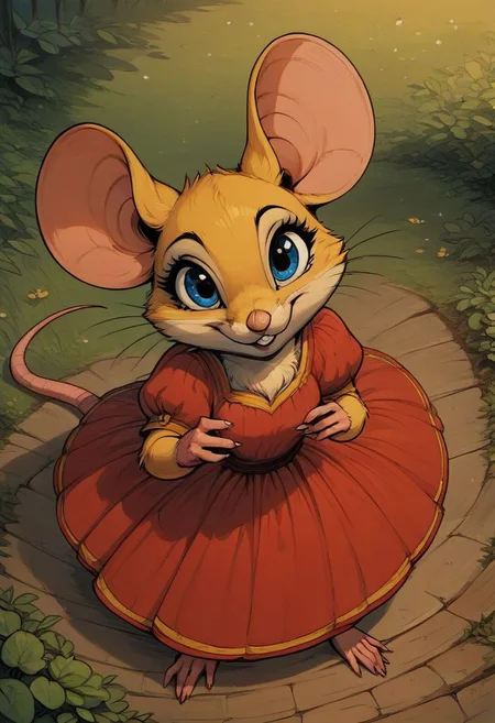 score_9, score_8_up, score_8, (solo), (fluffy:0.8), (feral), outdoors, furry, (((mouse))), female, blue eyes, yellow fur, yellow ears, claws, (fluffy cheeks:0.4), (red dress), (cute:0.5), in the style of beatrix potter, fca style, cel-shading, nature, high angle view, (look at viewer)