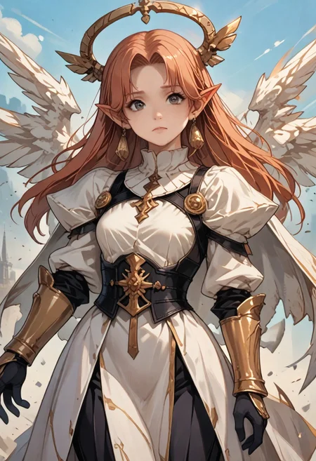 This high-quality digital artwork depicts a fierce, armored female warrior angel with long, flowing golden hair, holding an intricate glowing, ruined yellow long sword. She has large, black wings and is clad in intricately designed, dark metal armor that covers her torso and arms. Her expression is determined and powerful. The background features a sky high dark tower with a bizarre and horrifying architecture. The camera angle is low, looking up at the female warrior angel, emphasizing her imposing presence. The depth of field is shallow, keeping her in sharp focus while the background is slightly blurred. The overall aesthetic quality is very high, showcasing excellent use of lighting and composition.