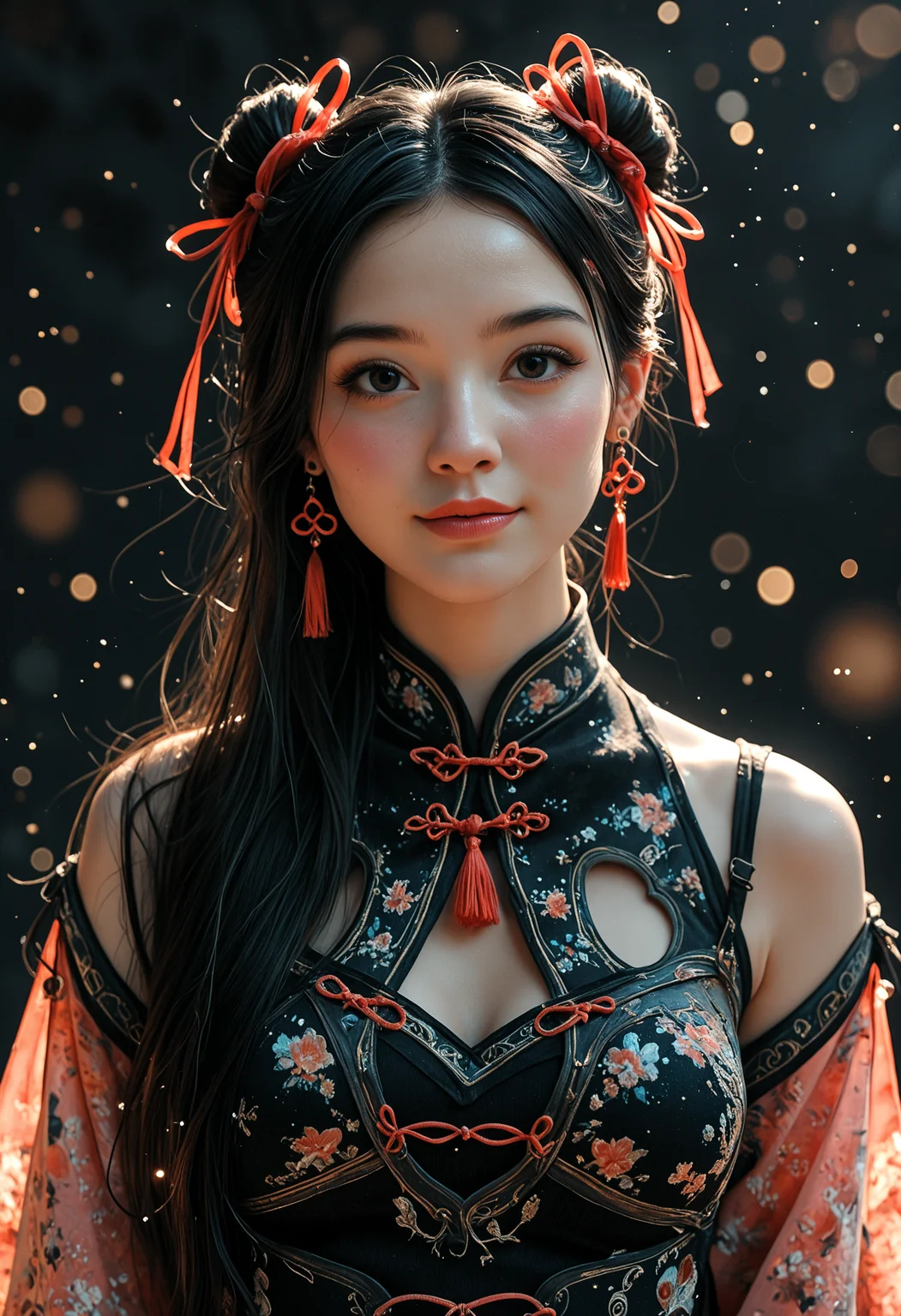 best_quality, absurdres, ultra-detailed, highly_aesthetic, 8K, UHD, highly_detailed_eyes, depth_of_field, subject_focus,
Chinese woman, black hair, ribbon, solo, posing, black background, sidelight, blush, (^_^),
Fantasy, Grunge, high_fashion, earrings, jewelry, light_particles