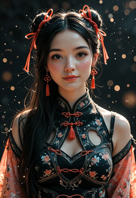 best_quality, absurdres, ultra-detailed, highly_aesthetic, 8K, UHD, highly_detailed_eyes, depth_of_field, subject_focus,
Chinese woman, black hair, ribbon, solo, posing, black background, sidelight, blush, (^_^),
Fantasy, Grunge, high_fashion, earrings, jewelry, light_particles