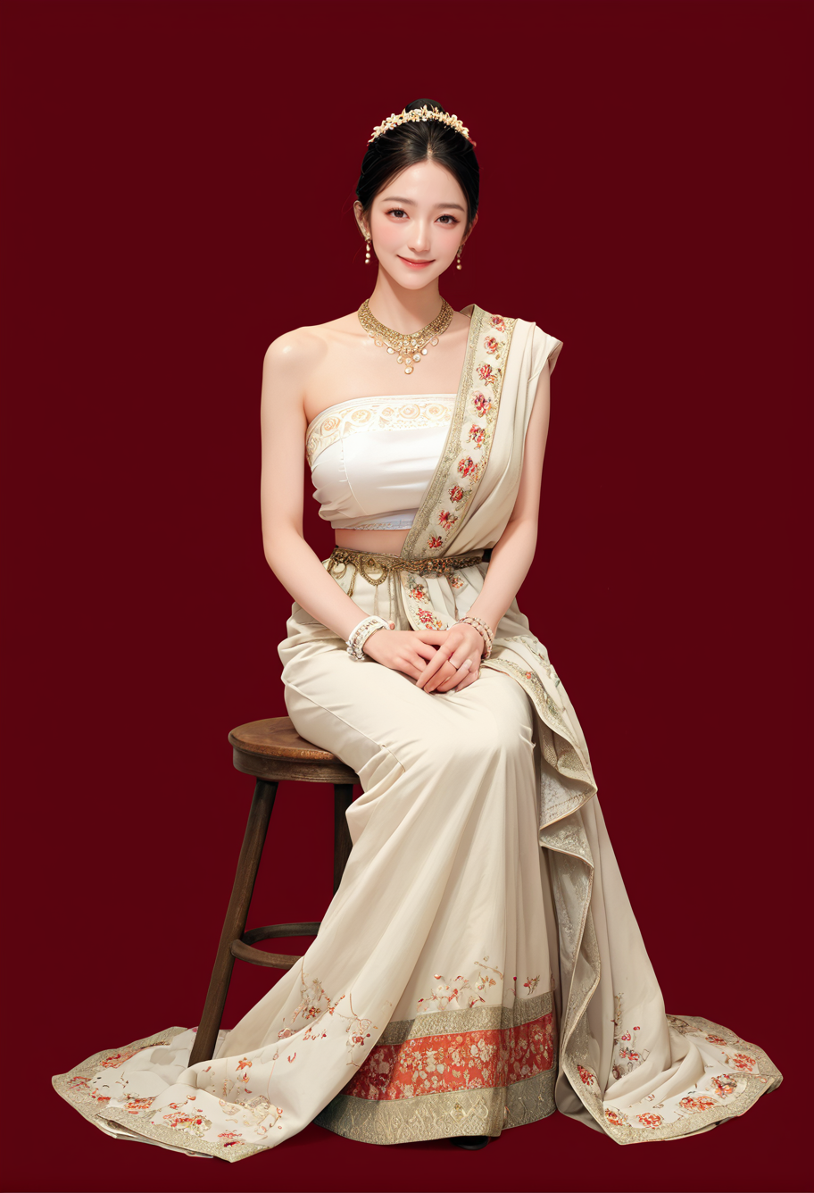 1girl,red background,,ruanyi1012,sari,dress,tube top,necklace,jewelry,bracelet,
full body,sitting,stool,<lora:1012 traditional clothing 1_v1_pony:1>, score_9, score_8_up, score_7_up, score_6_up, score_9, score_8_up, score_7_up, score_6_up source_anime, blush, 1girl, seduce smile, perfect body , natural huge breasts