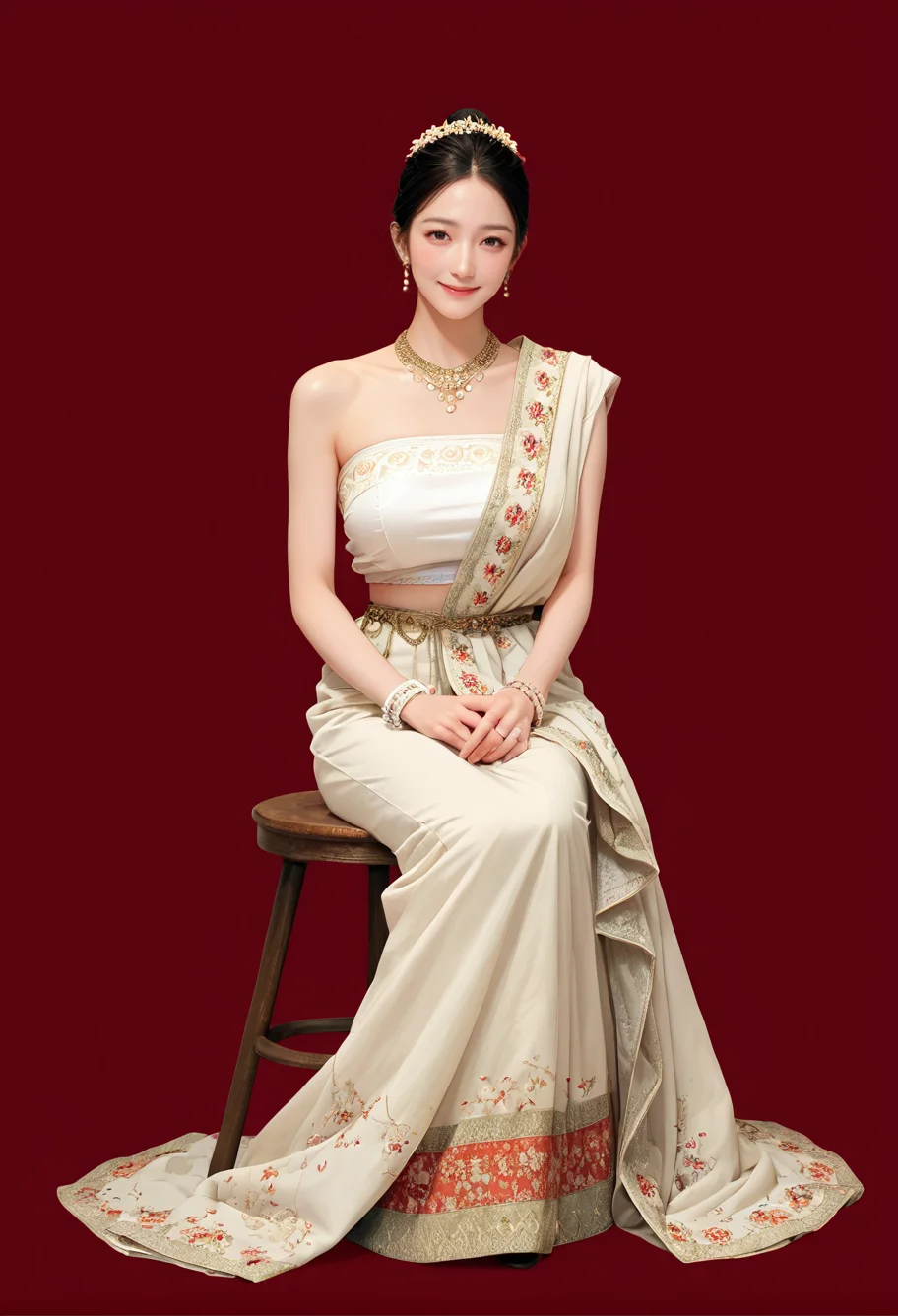 1girl,red background,,ruanyi1012,sari,dress,tube top,necklace,jewelry,bracelet,
full body,sitting,stool,<lora:1012 traditional clothing 1_v1_pony:1>, score_9, score_8_up, score_7_up, score_6_up, score_9, score_8_up, score_7_up, score_6_up source_anime, blush, 1girl, seduce smile, perfect body , natural huge breasts