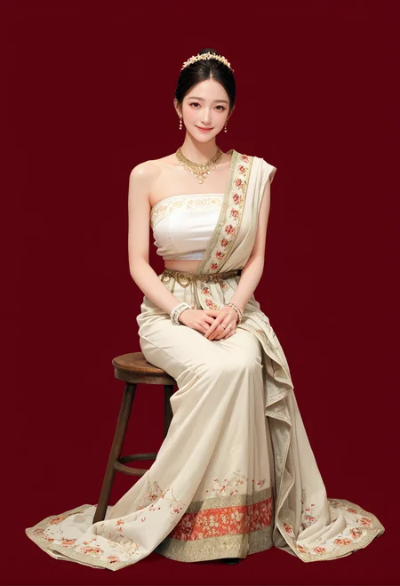 1girl,red background,,ruanyi1012,sari,dress,tube top,necklace,jewelry,bracelet,
full body,sitting,stool,<lora:1012 traditional clothing 1_v1_pony:1>, score_9, score_8_up, score_7_up, score_6_up, score_9, score_8_up, score_7_up, score_6_up source_anime, blush, 1girl, seduce smile, perfect body , natural huge breasts