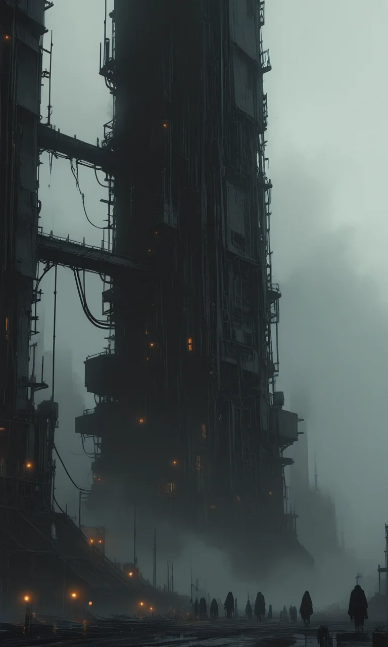 A dark atmospheric photograph of an industrial landscape with smokestacks fog and a round platform in the foreground. The scene is shrouded in mist creating a mysterious dystopian vibe, masterpiece, fine details, <lora:- iLL -PdJ_highres_counterweight _V1.0-step00007000:.8>, <lora:- iLL - the_edgy_mech_V2.0-step000013500:0.5> <lora:Illustrious:0.4>