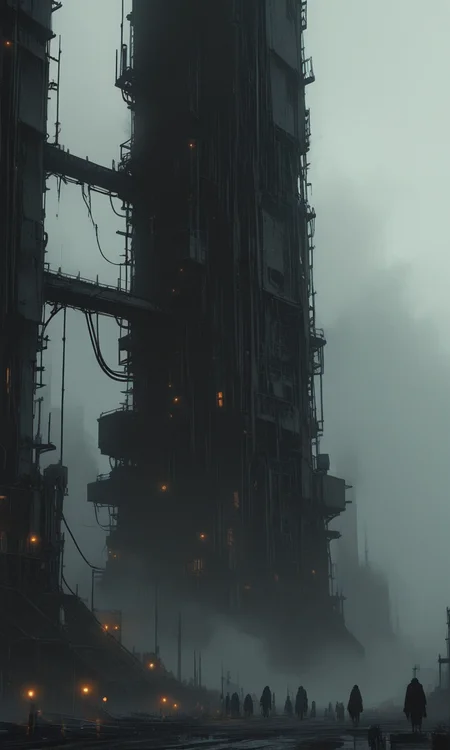 A dark atmospheric photograph of an industrial landscape with smokestacks fog and a round platform in the foreground. The scene is shrouded in mist creating a mysterious dystopian vibe, masterpiece, fine details, <lora:- iLL -PdJ_highres_counterweight _V1.0-step00007000:.8>, <lora:- iLL - the_edgy_mech_V2.0-step000013500:0.5> <lora:Illustrious:0.4>